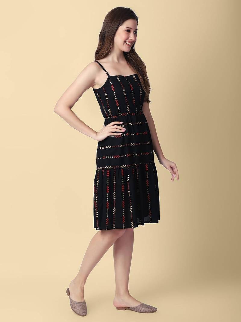 Women's Rayon Self Design Printed Woven Short Black Party Wear Dress