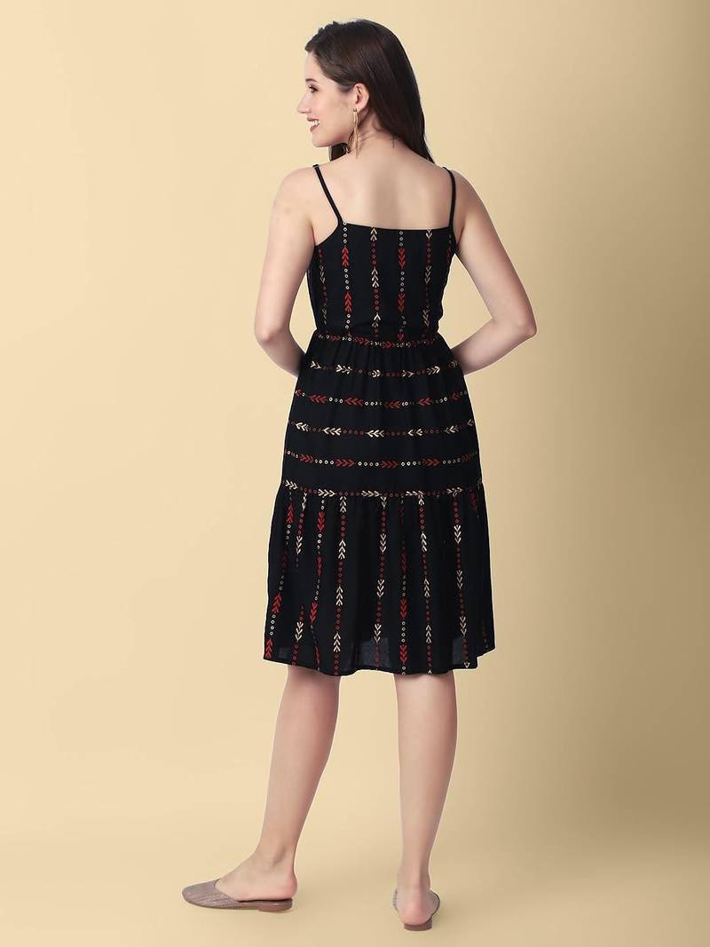 Women's Rayon Self Design Printed Woven Short Black Party Wear Dress