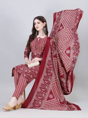 Women's Floral Printed Cotton Blend Knee Length Kurta Set With Dupatta (Maroon) (MAK45) 1