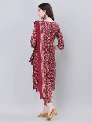 Women's Floral Printed Cotton Blend Knee Length Kurta Set With Dupatta (Maroon) (MAK45) 2