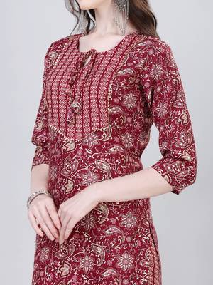 Women's Floral Printed Cotton Blend Knee Length Kurta Set With Dupatta (Maroon) (MAK45) 4