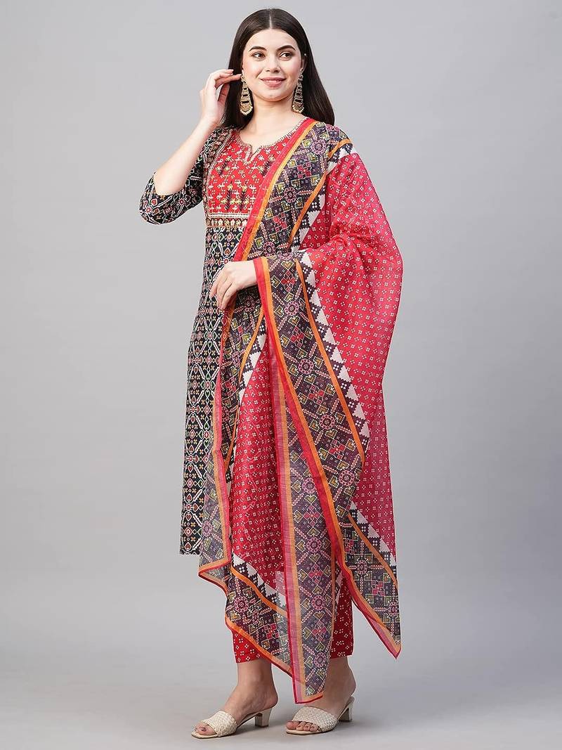Women's Rayon Self Design Woven Printed Festive & Ethnic Wear A-Line Kurti, Bottomwear & Dupatta Set