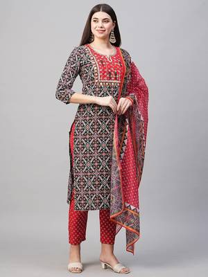 Women's Rayon Self Design Woven Printed Festive & Ethnic Wear A-Line Kurti, Bottomwear & Dupatta Set 4