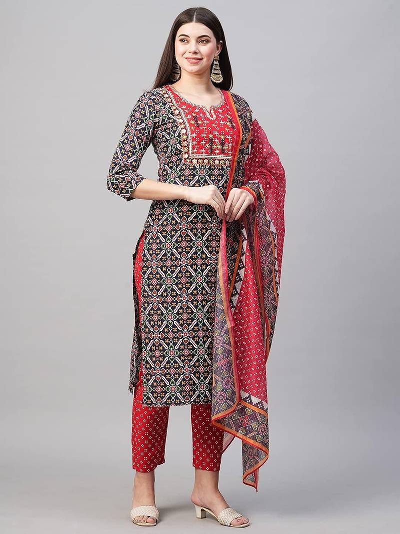 Women's Rayon Self Design Woven Printed Festive & Ethnic Wear A-Line Kurti, Bottomwear & Dupatta Set