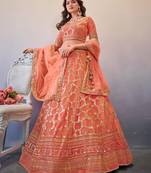 EILARA WOMEN'S ELEGANT ORANGE SEQUINS BUTTERFIY NET LEHENGA CHOLI