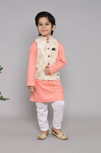 BAATCHEET COTTON SOLID SET OF 4 WITH KURTA PAJAMA (2) AND  JACQUARD JACKET-PEACH
