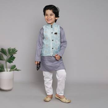 BAATCHEET COTTON SOLID SET OF 4 WITH KURTA PAJAMA (2) AND  JACQUARD JACKET-ASH BLUE 1