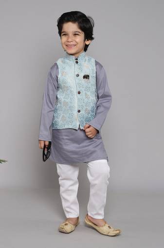 BAATCHEET COTTON SOLID SET OF 4 WITH KURTA PAJAMA (2) AND  JACQUARD JACKET-ASH BLUE