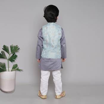 BAATCHEET COTTON SOLID SET OF 4 WITH KURTA PAJAMA (2) AND  JACQUARD JACKET-ASH BLUE 2