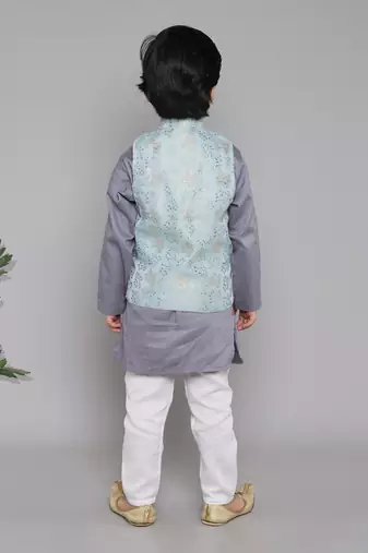 BAATCHEET COTTON SOLID SET OF 4 WITH KURTA PAJAMA (2) AND  JACQUARD JACKET-ASH BLUE