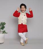 BAATCHEET COTTON SOLID SET OF 4 WITH KURTA PAJAMA (2) AND  JACQUARD JACKET-RED