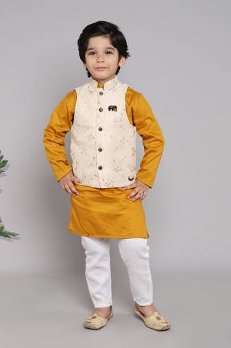 BAATCHEET COTTON SOLID SET OF 4 WITH KURTA PAJAMA (2) AND  JACQUARD JACKET- MUSTARD