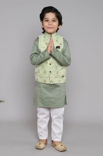 BAATCHEET COTTON SOLID SET OF 4 WITH KURTA PAJAMA (2) AND  JACQUARD JACKET-PISTA GREEN