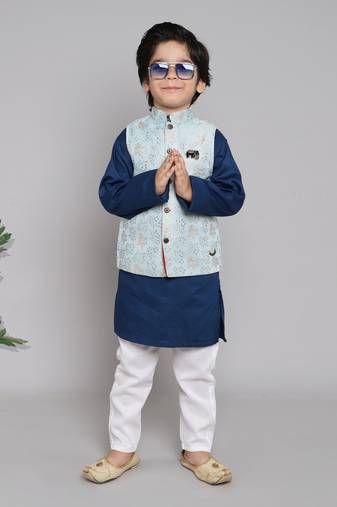 BAATCHEET COTTON SOLID SET OF 4 WITH KURTA PAJAMA (2) AND  JACQUARD JACKET-NAVY BLUE
