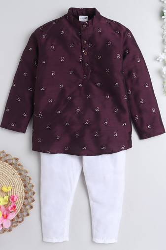 BAATCHEET SILK FULL SLEEVES EMBROIDED KURTA WITH PAJAMA - WINE