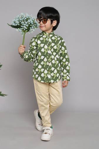 BAATCHEET COTTON FULL SLEEVES leaf print shirt with beige pant   -  green