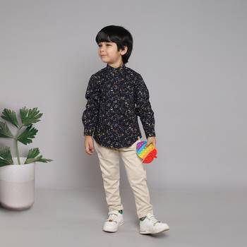 BAATCHEET COTTON FULL SLEEVES ABSTRACT PRINT SHIRT WITH BEIGE PANT  -  NAVY 1