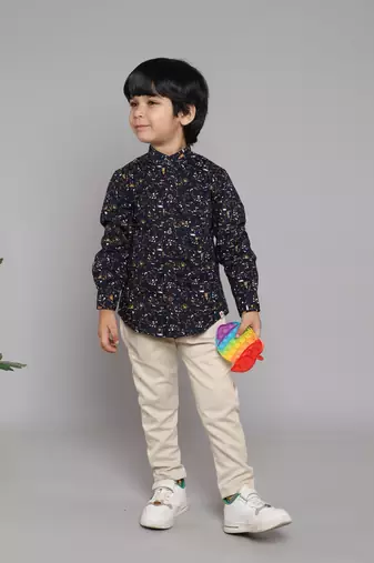 BAATCHEET COTTON FULL SLEEVES ABSTRACT PRINT SHIRT WITH BEIGE PANT  -  NAVY