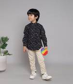 BAATCHEET COTTON FULL SLEEVES ABSTRACT PRINT SHIRT WITH BEIGE PANT  -  NAVY