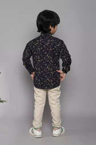 BAATCHEET COTTON FULL SLEEVES ABSTRACT PRINT SHIRT WITH BEIGE PANT  -  NAVY