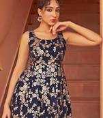 Janasya women's navy blue brocade woven design flared dress