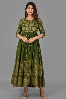 Green Floral Print Rayon Casual Anarkali Kurta 1