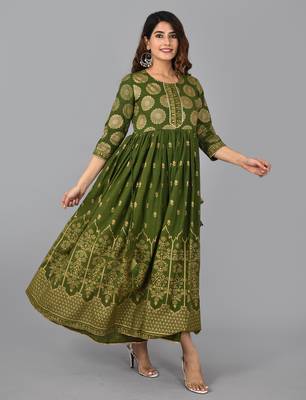 Green Floral Print Rayon Casual Anarkali Kurta 5