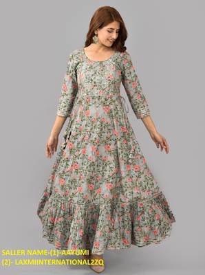 Women Printed Rayon  Blend Anarkali Kurta(Grey) 2