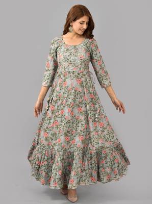 Women Printed Rayon  Blend Anarkali Kurta(Grey) 1