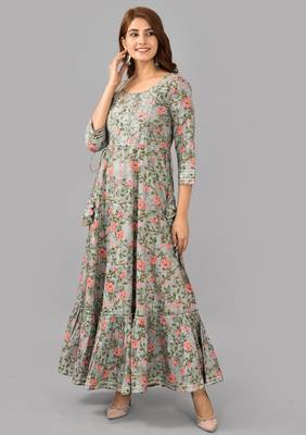 Women Printed Rayon  Blend Anarkali Kurta(Grey) 4