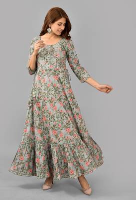 Women Printed Rayon  Blend Anarkali Kurta(Grey) 5