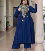 Xl love by janasya women's blue rayon solid kurta with palazzo and scarf