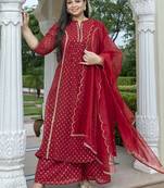 Xl love by janasya women's maroon georgette foil motif printed kurta with palazzo and dupatta