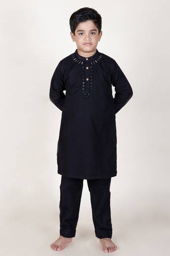 Jilmil boy's ethnic black hand-mirror kurta with pant (set of 2)