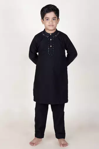 Jilmil boy's ethnic black hand-mirror kurta with pant (set of 2)