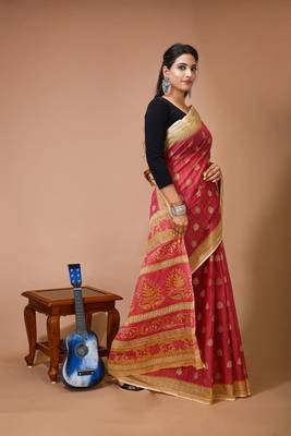 Esena Textiles | Women's 100% Pure Cotton Mul Mul Jute Graph Print and Kalamkari Butti saree 3