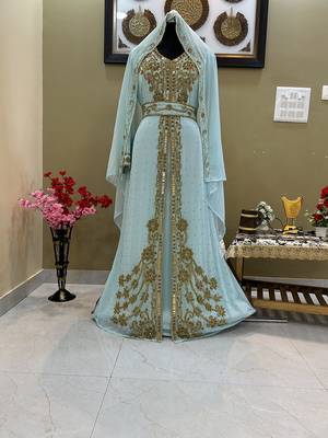 Majestic Sky Blue Kaftan Gown with Intricate Gold Handwork | Wedding & Gala Wea 1