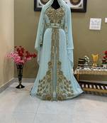 Majestic Sky Blue Kaftan Gown with Intricate Gold Handwork | Wedding & Gala Wea