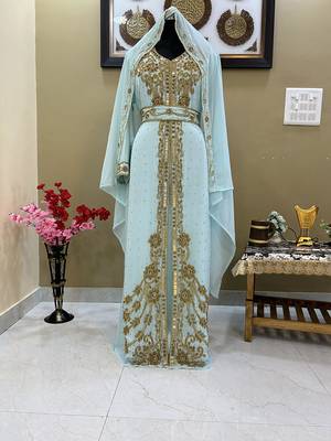 Majestic Sky Blue Kaftan Gown with Intricate Gold Handwork | Wedding & Gala Wea 2