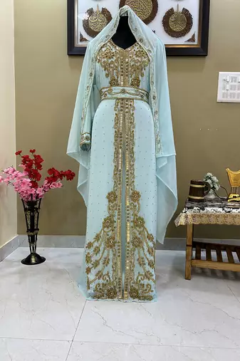 Majestic Sky Blue Kaftan Gown with Intricate Gold Handwork | Wedding & Gala Wea