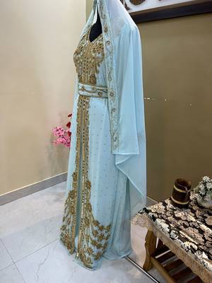 Majestic Sky Blue Kaftan Gown with Intricate Gold Handwork | Wedding & Gala Wea 3