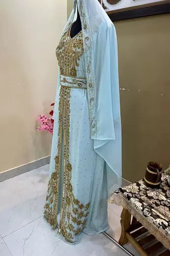 Majestic Sky Blue Kaftan Gown with Intricate Gold Handwork | Wedding & Gala Wea