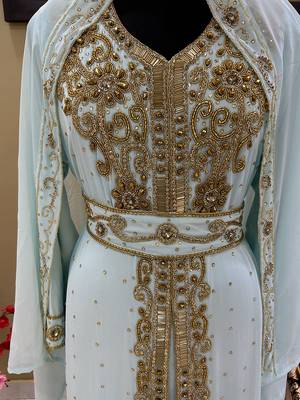 Majestic Sky Blue Kaftan Gown with Intricate Gold Handwork | Wedding & Gala Wea 4