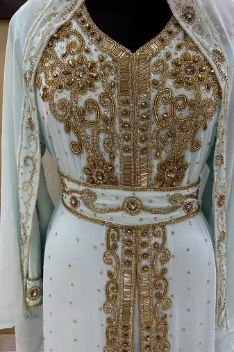 Majestic Sky Blue Kaftan Gown with Intricate Gold Handwork | Wedding & Gala Wea