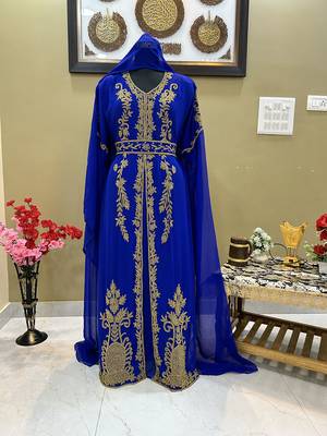 Royal Blue Georgette Embroidered Islamic Party Wear Kaftan 1
