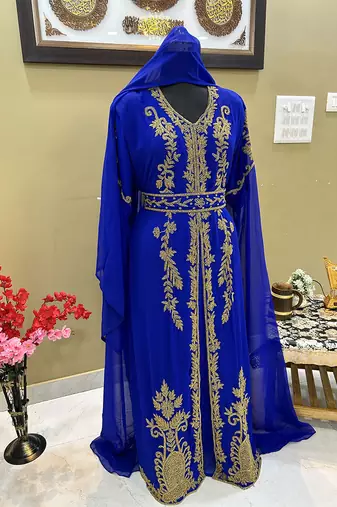 Royal Blue Georgette Embroidered Islamic Party Wear Kaftan