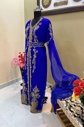 Royal Blue Georgette Embroidered Islamic Party Wear Kaftan