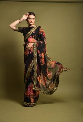 Designer georgette printed and lace work saree with blouse piece 1