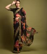 Designer georgette printed and lace work saree with blouse piece
