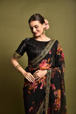 Designer georgette printed and lace work saree with blouse piece 2